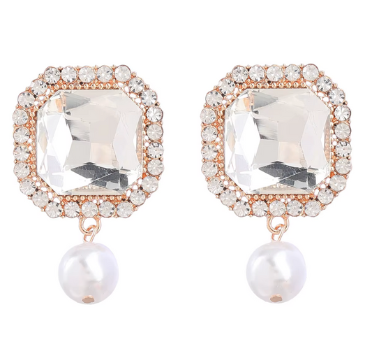 Square Cut Crystal Earrings with Pearl Drop